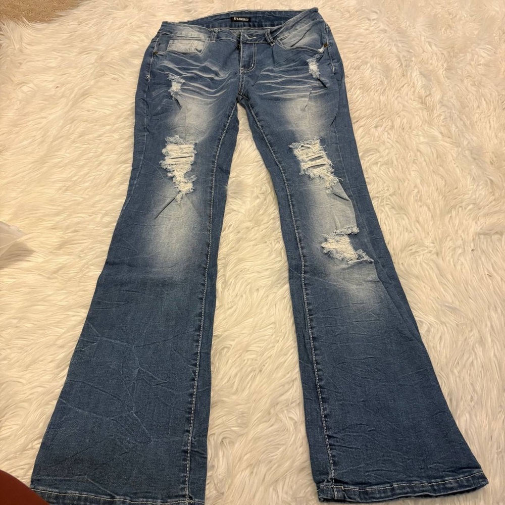 Classic Distressed Flare Jeans - Light Blue - Picture 8 of 12
